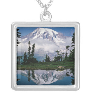 Mount Rainier relected in a mountain tarn Silver Plated Necklace
