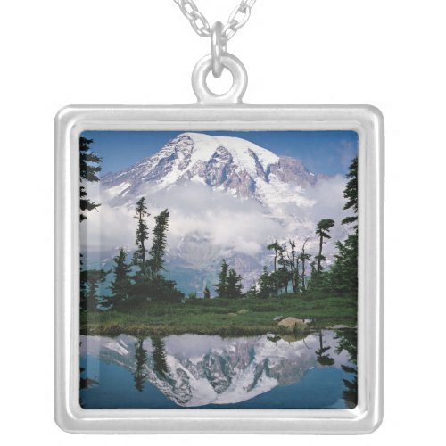 Mount Rainier relected in a mountain tarn Silver Plated Necklace