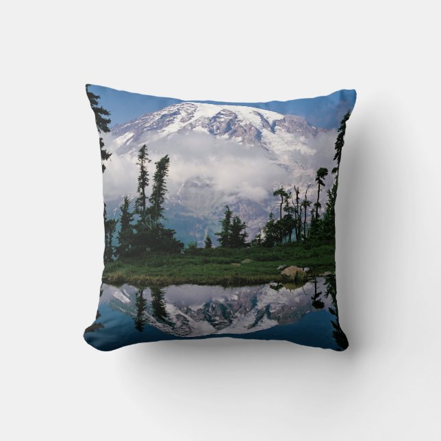 Mount Rainier relected in a mountain tarn Throw Pillow (Front)