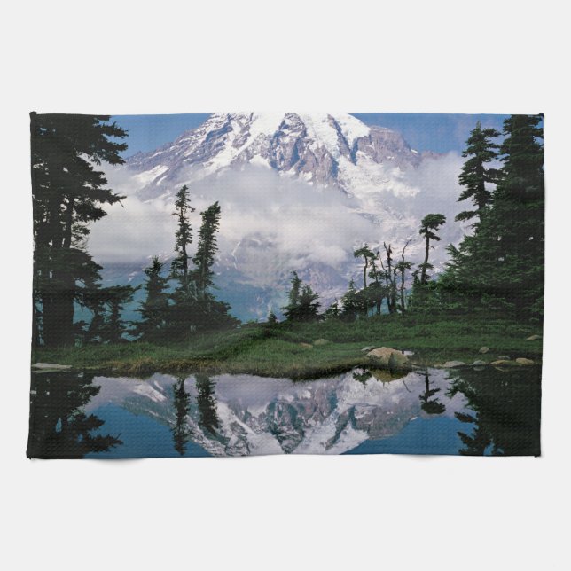 Mount Rainier relected in a mountain tarn Towel (Horizontal)