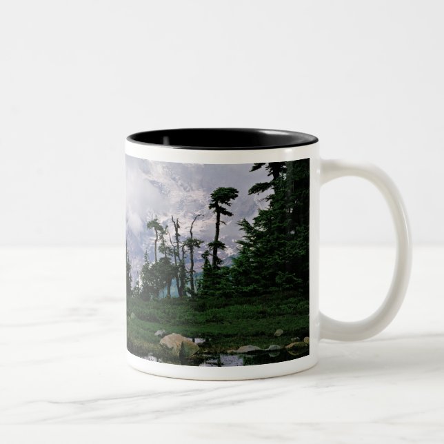 Mount Rainier relected in a mountain tarn Two-Tone Coffee Mug (Right)