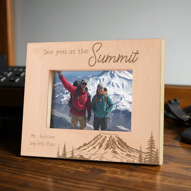 Mount Rainier Summit Adventure Climb Ascent Date Engraved Frames (Personalized Mount Rainier photo frame with custom date, etched design, and inspiring quote.)