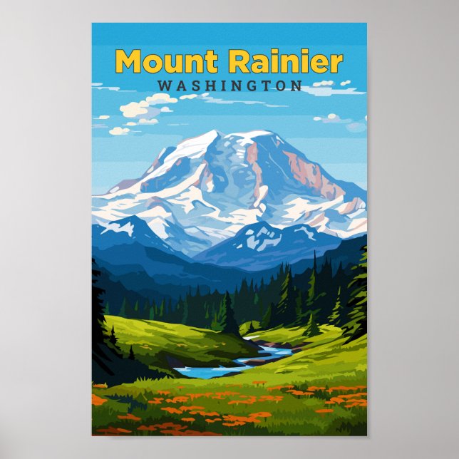 Mount Rainier Washington Travel Art Vintage Poster (Front)