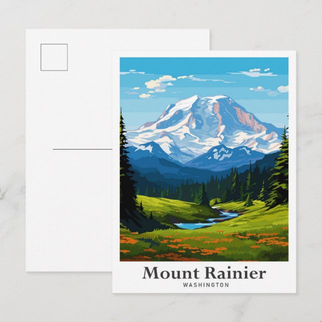 Mount Rainier Washington Travel Illustration Postcard (Front/Back)