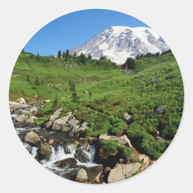 Mount Rainier, waterfall, snow-covered Classic Round Sticker (Front)