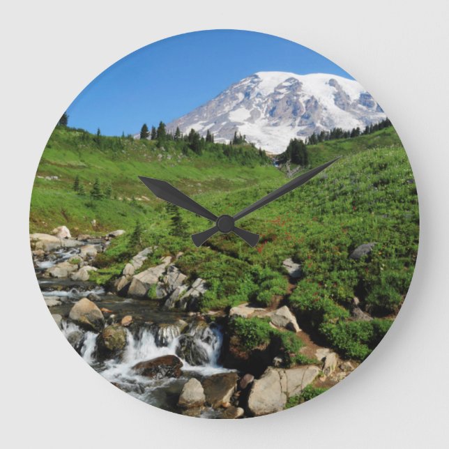 Mount Rainier, waterfall, snow-covered Large Clock (Front)