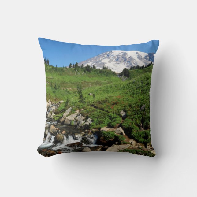 Mount Rainier, waterfall, snow-covered Throw Pillow (Front)