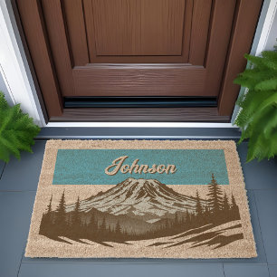 Mount Rainier Welcome Family Name Washington Blue Fiber Doormat