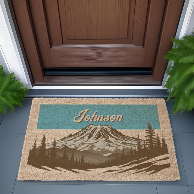 Mount Rainier Welcome Family Name Washington Blue Fiber Doormat (Mount Rainier doormat with family name, pacific northwest porch decor for Washington state new home)