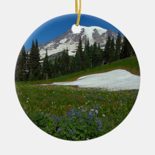 Mount Rainier, Wildflowers and Snow Ceramic Ornament (Front)
