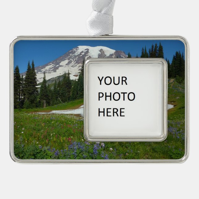 Mount Rainier, Wildflowers and Snow Christmas Ornament (Front)
