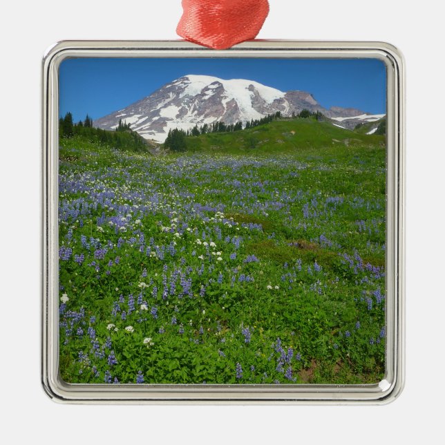 Mount Rainier with Purple Lupins Metal Ornament (Front)