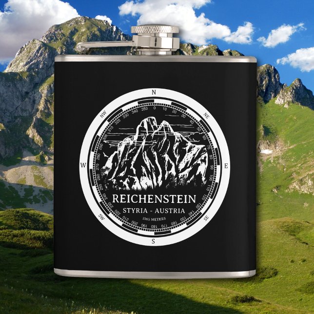 Mount Reichenstein - Styria Austria Alps Flask (Mount Reichenstein - Styria Austria Alps Flask in Back with a white compass mountain illustration)