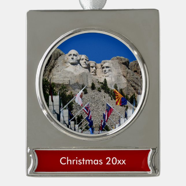 Mount Rushmore Customizable Photo Souvenir Silver Plated Banner Ornament (Front)