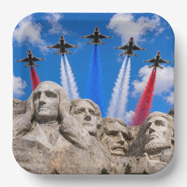 Mount Rushmore Fighter Jet Flyover Paper Plates (Front)