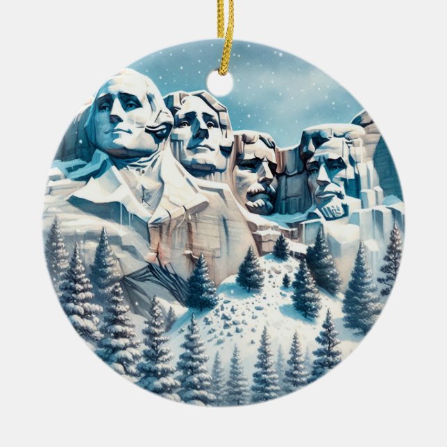 Mount Rushmore National Park Snowy Christmas Ceramic Ornament (Front)