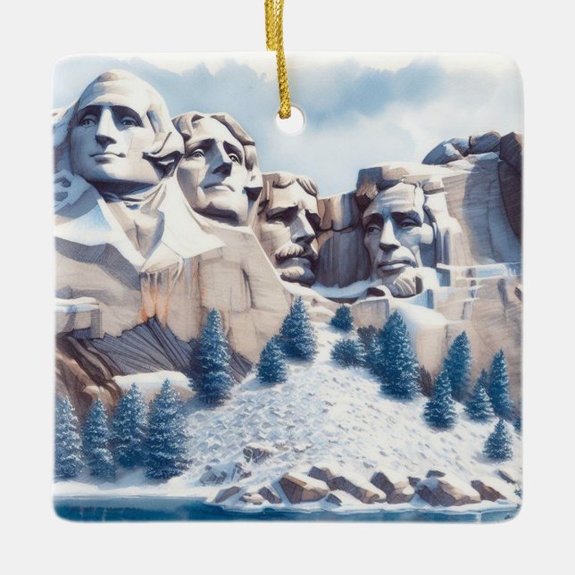 Mount Rushmore Snow Christmas Ceramic Ornament (Front)