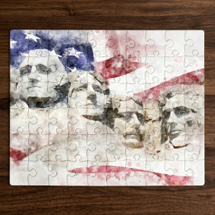 Mount Rushmore Watercolor with American Flag Jigsaw Puzzle
