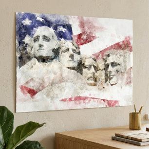 Mount Rushmore Watercolor with American Flag Poster