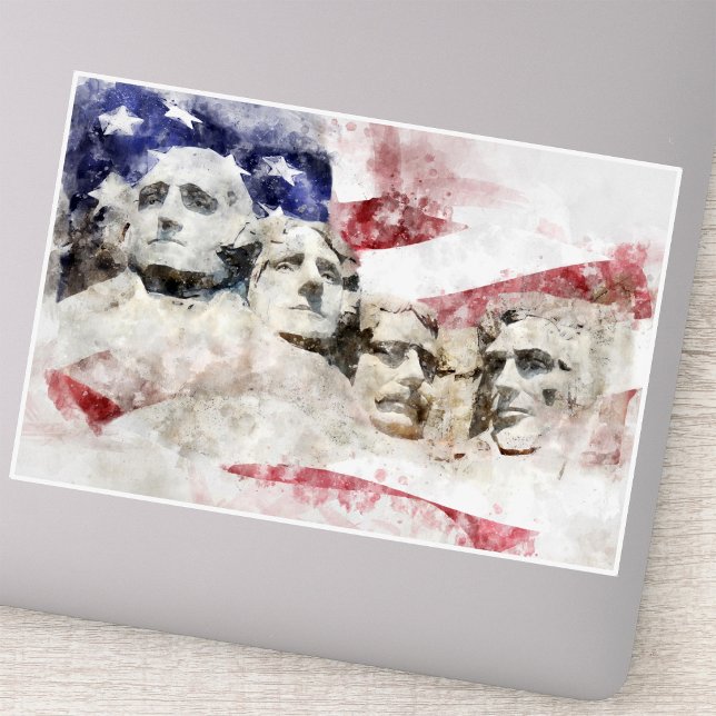 Mount Rushmore Watercolor with American Flag Sticker (Mount Rushmore Watercolor with American Flag. Sticker)