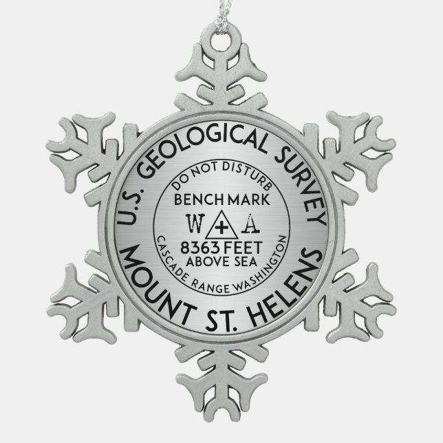Mount Saint Helens Washington Bench Mark Benchmark Snowflake Pewter Christmas Ornament (Front)