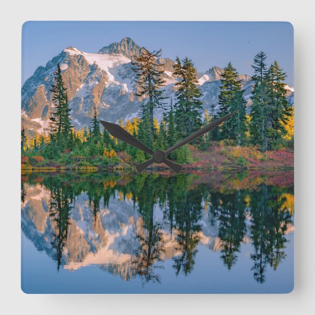 Mount Shuksan mirrored in Reflection Lake Square Wall Clock (Front)