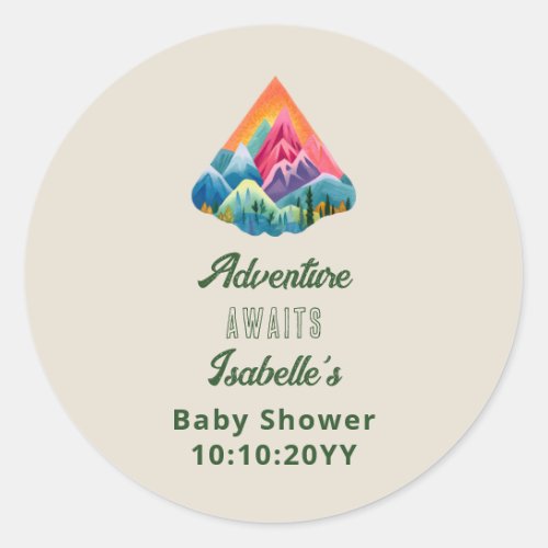 Mountain Adventure Awaits Baby Shower Classic Round Sticker