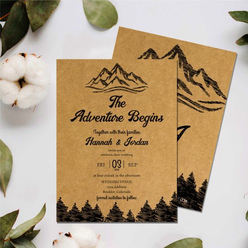 Mountain Adventure Begins Rustic Woodsy Wedding Invitation