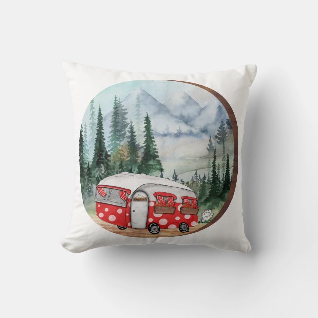 Mountain Adventure Camper Illustration Throw Pillow (Front)