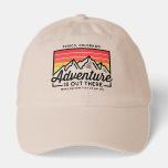 Mountain Adventure Cool Retro Stripes Custom Text Hat<br><div class="desc">Start your adventure with this fun retro stripe hat featuring a mountain backdrop and 2 lines of custom text. Add a location name,  group name,  date,  or truly any custom text. Fun for hiking groups or family reunion or friends weekend in the mountains.</div>