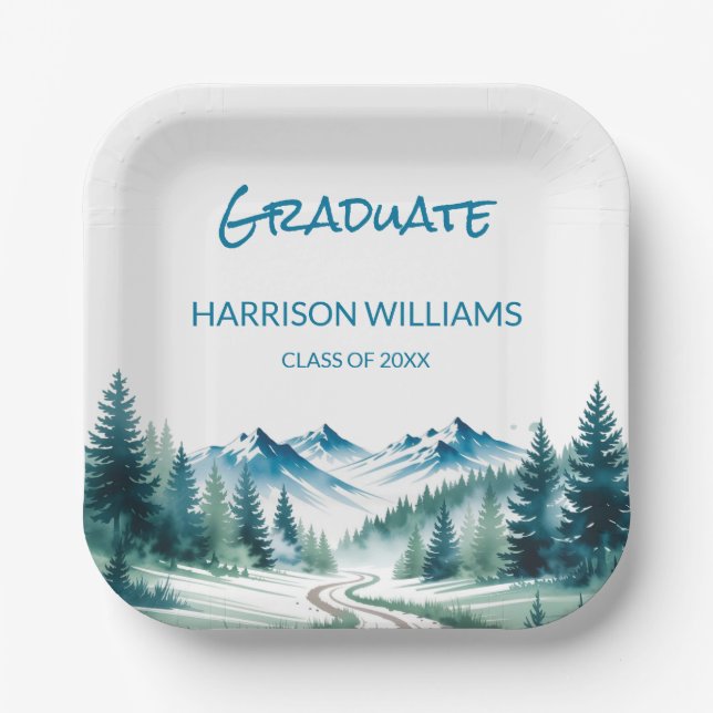 Mountain Adventure Grad Party Look Paper Plates (Front)