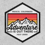Mountain Adventure Hiking Camping Trip Custom Patch<br><div class="desc">A fun patch featuring a mountain scene with the text "Adventure is out there". Perfect for commemorating a trip to the Mountains or hiking/camping adventure - or just show that you like to explore and go adventuring. Add your custom text to personalize or delete. Great for hats, jackets and more....</div>