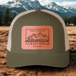 Mountain Adventure Outdoor Hiking Camping Trip Leather Patch Hat<br><div class="desc">A super fun patch hat for the outdoor adventurer. Design features a mountain backdrop with the words "Adventure is out there" and 2 lines of custom text. Add a town or mountain name, date, names - really any custom text. Perfect for a family trip to the mountains, camping or hiking...</div>