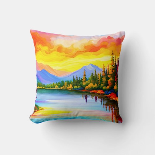 Mountain and Lake Colorful Landscape Throw Pillow