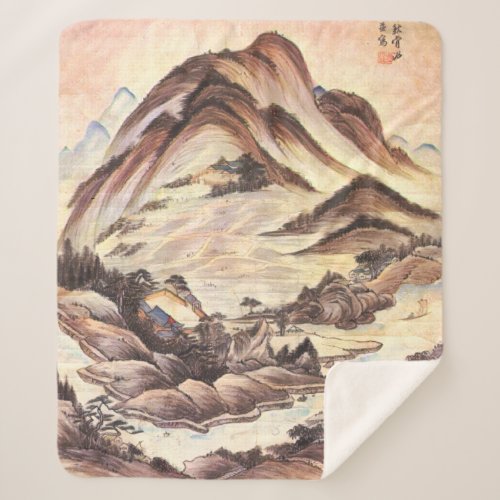Mountain and Stream Korean Joseon Dynasty Folk Art Sherpa Blanket