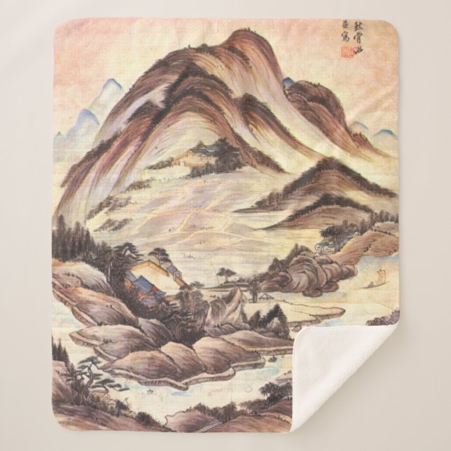Mountain and Stream Korean Joseon Dynasty Folk Art Sherpa Blanket (Front)