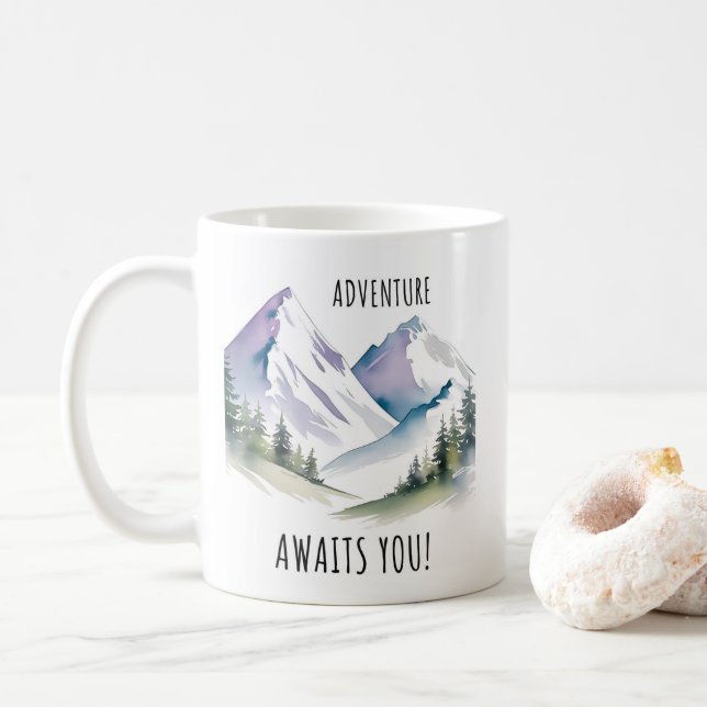 mountain art, wanderlust, adventure awaits, travel coffee mug (With Donut)