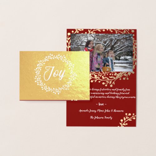 Mountain Ash Wreath Joy Family Photo Burgundy Gold Foil Card