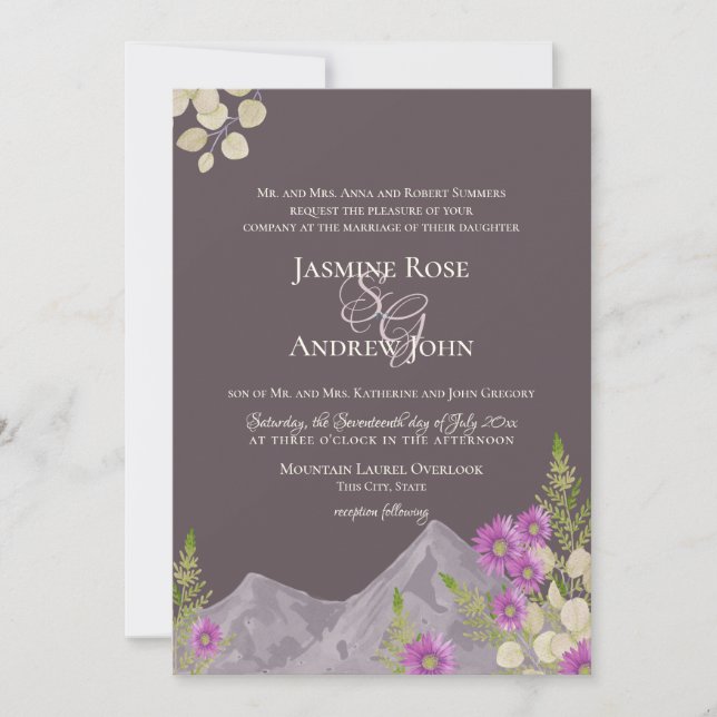 Mountain Asters Plum Wedding Invitation (Front)