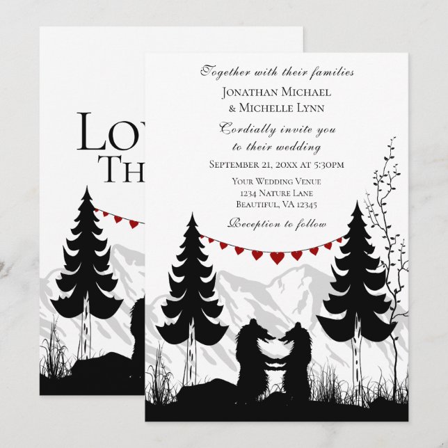 Mountain Bears Love and Thanks on Back Wedding Invitation (Front/Back)