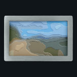 MOUNTAIN BELT BUCKLE<br><div class="desc">A bright,  colourful abstract design of a mountain view,  with blue sky,  rock and trees.</div>