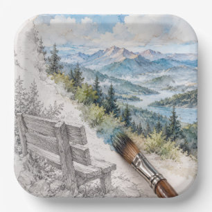 Mountain Bench Emerging from Sketch to Painting Paper Plates