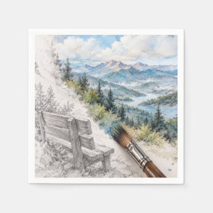 Mountain Bench Emerging From Sketch to Watercolor Napkins