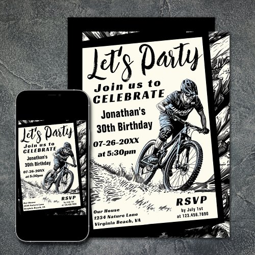 Mountain Bike Modern Sketch Style Birthday Invitation