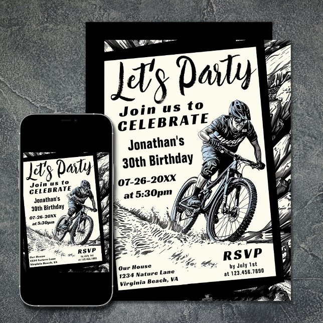 Mountain Bike Modern Sketch Style Birthday Invitation (Mountain Bike Modern Sketch Style Birthday Invitation)