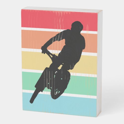 Mountain Bike on Retro Rainbow Stripes Wooden Box Sign