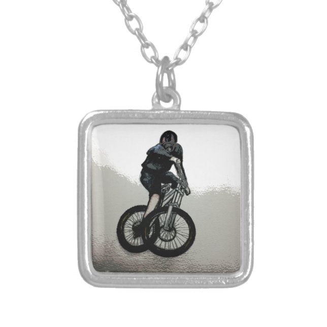 Mountain Biker MTB BMX CYCLIST Silver Plated Necklace (Front)
