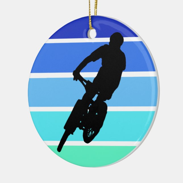 Mountain Biker on Retro Blue-Green Stripes Ceramic Ornament (Left)