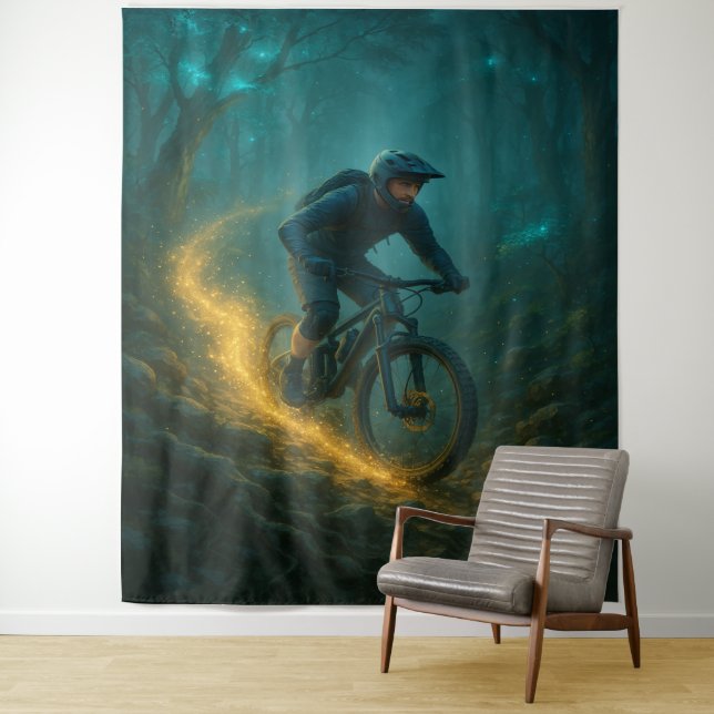 Mountain Biking Adventure Forest Scene Design Tapestry (In Situ)