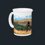 MOUNTAIN BIKING DRINK PITCHER<br><div class="desc">A watercolor a of three men mountain biking in the Welsh hills.</div>